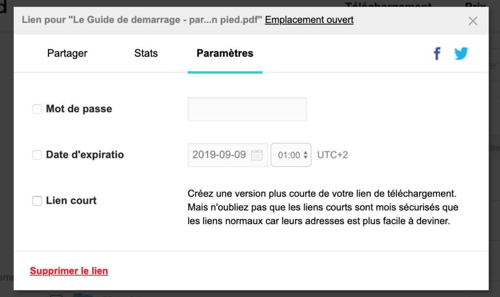 Fenêtre de configuration du partage de votre fichier en ligne.