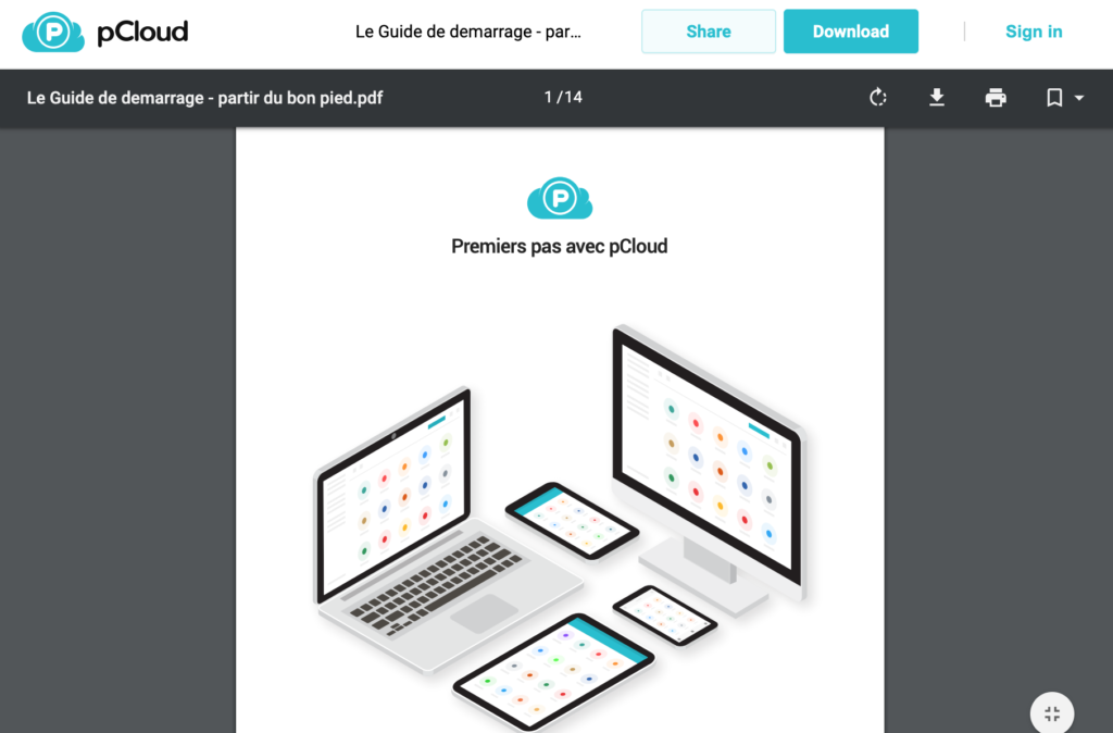 Visualisation d'un fichier PDF partagé en ligne avec pCloud.