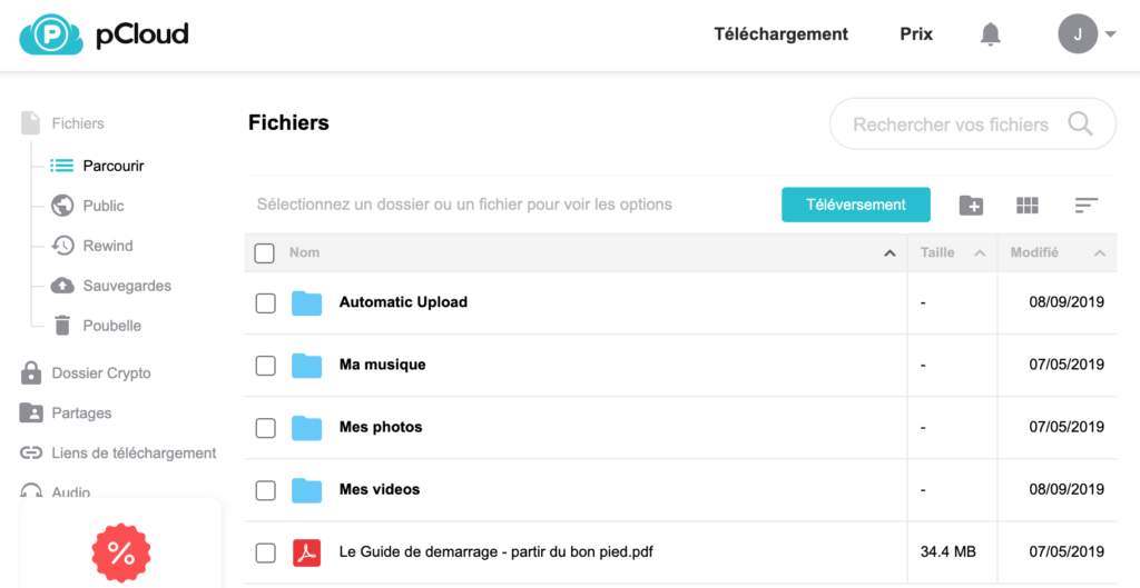 Page de parcours des fichiers dans votre espace de stockage en ligne pCloud.