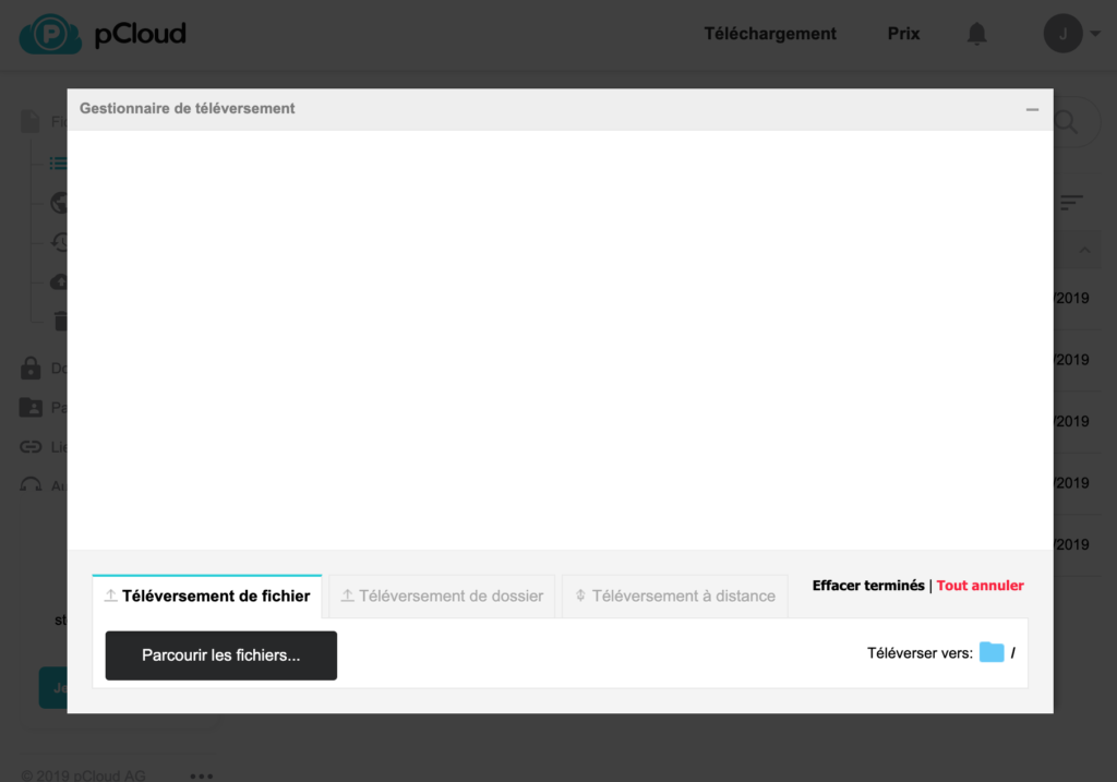 Fenêtre de téléversement de fichiers sur l'espace de stockage cloud pCloud.