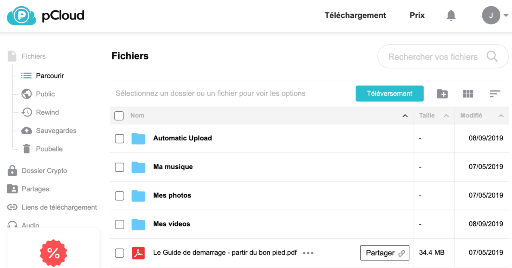 Sélection du fichier à partager en ligne sur pCloud.